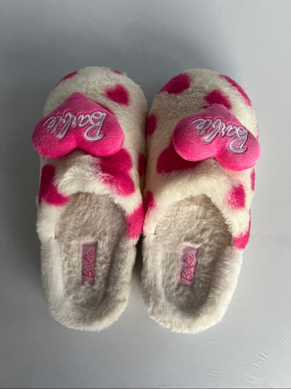 BARBIE Skinnydip White/Pink Faux Fur Heart Slippers Slides SZ: L